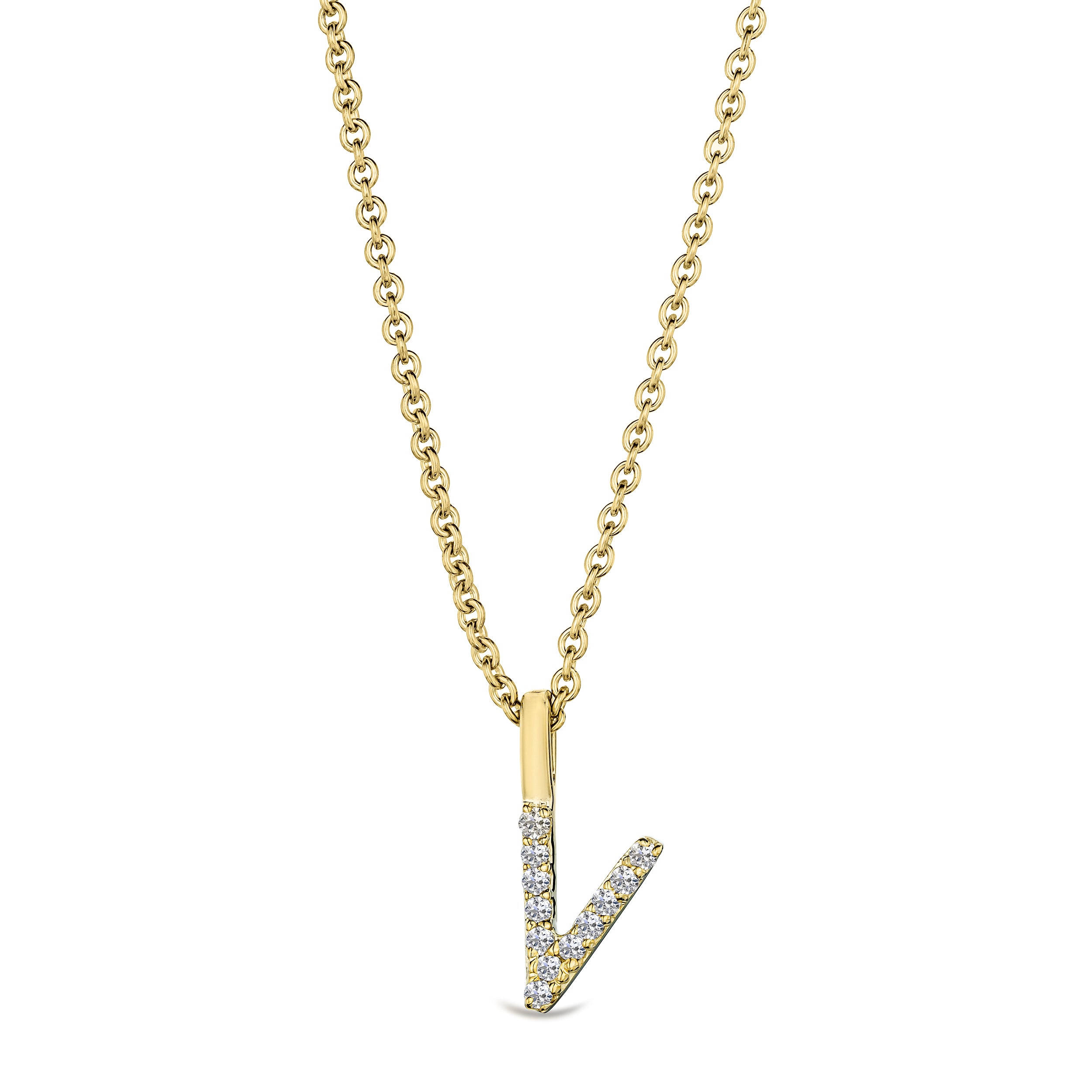 Love Letter Initial V Lab Diamond Necklace set in 9K Yellow Gold